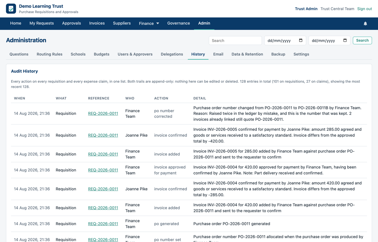 The history screen in Requestable, listing every action taken on every requisition and claim, searchable by text and date.