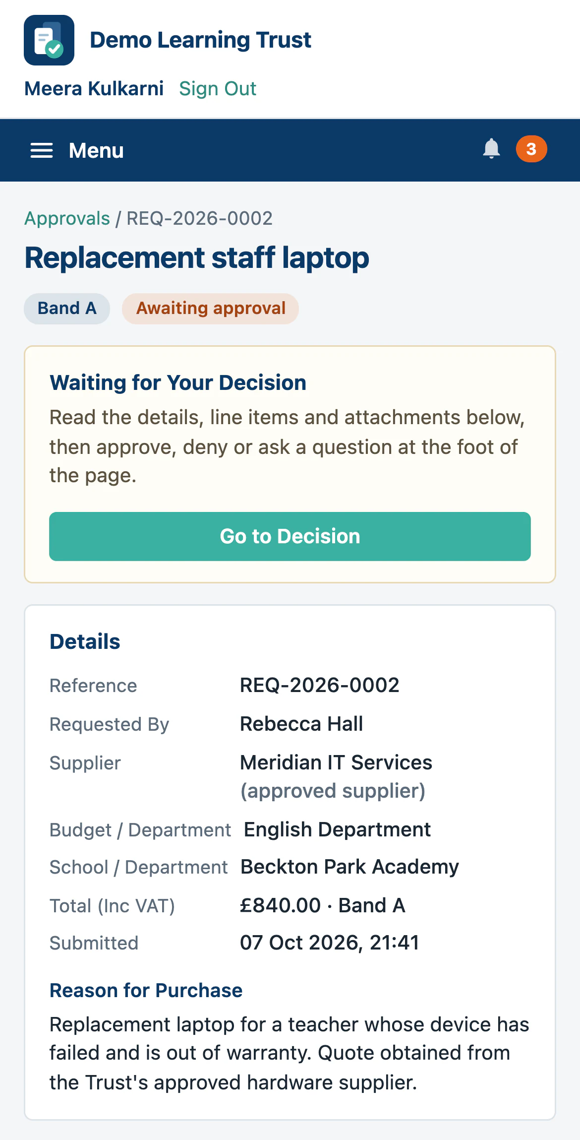 A requisition open on a phone for Meera Kulkarni, waiting for her decision, with the details of the purchase below.